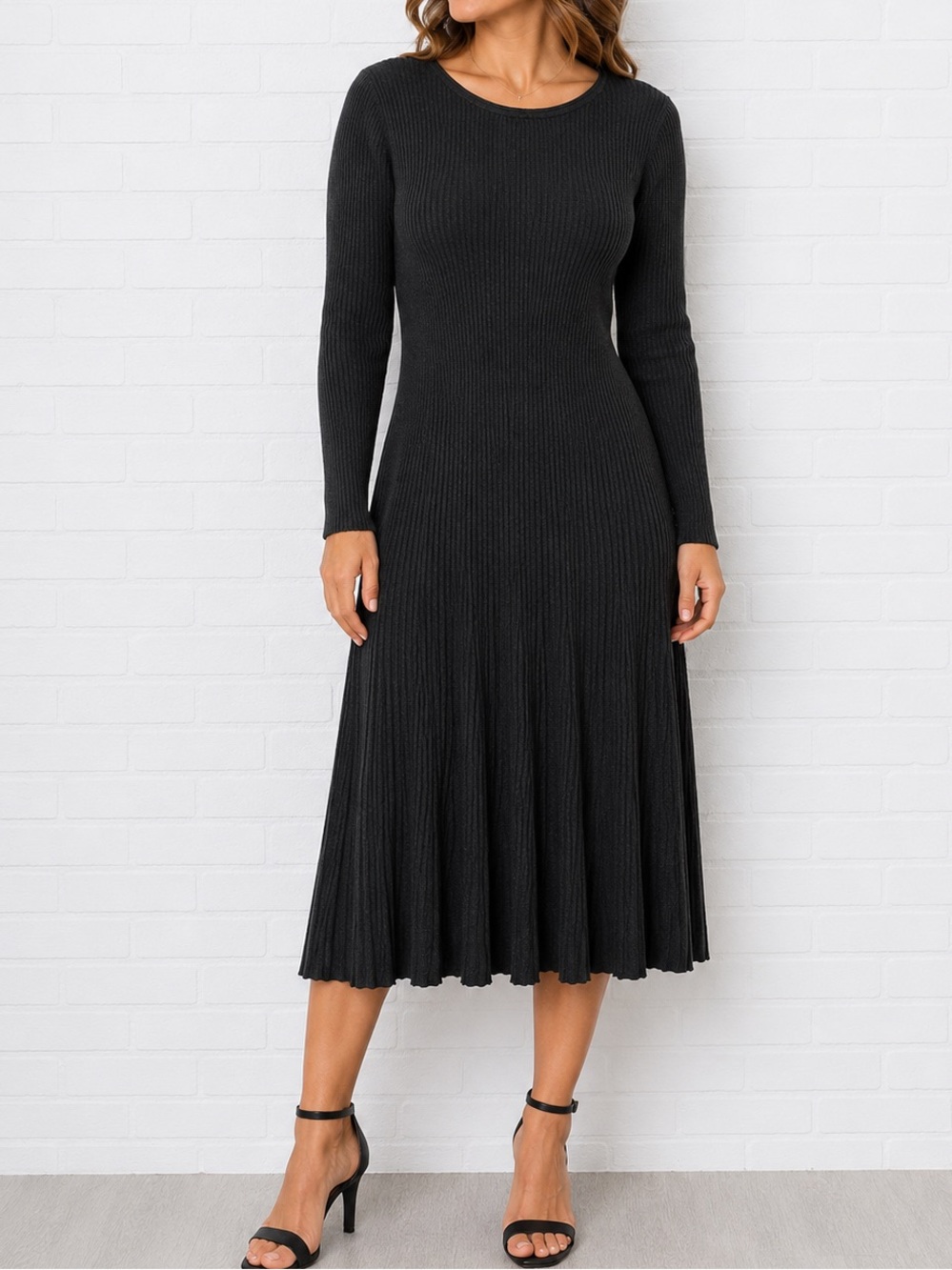 Charlie B Gray Ribbed Knit Long Sleeve Fit & Flare Sweater Dress M